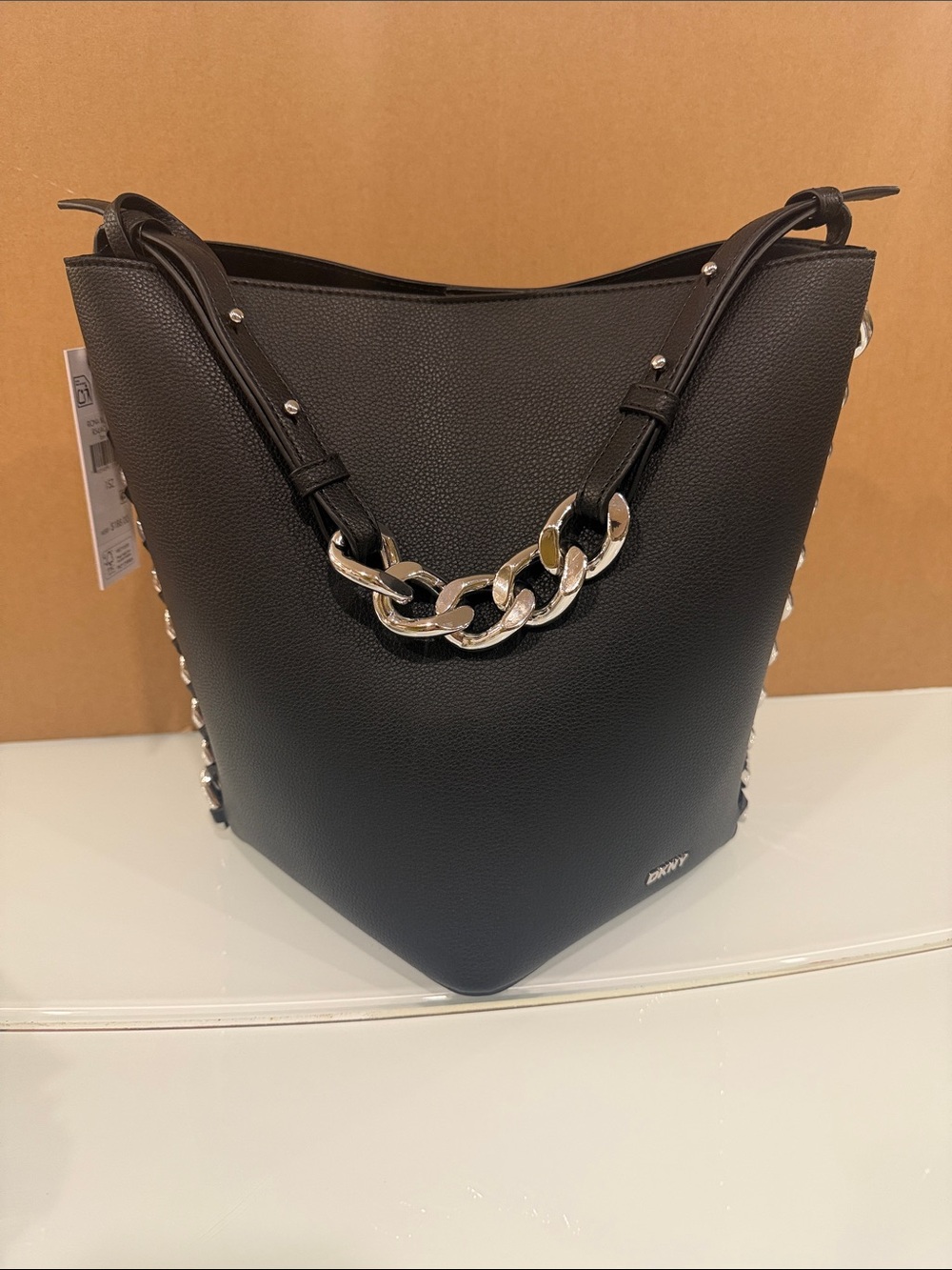 DKNY Black leather handbag with chain silver new